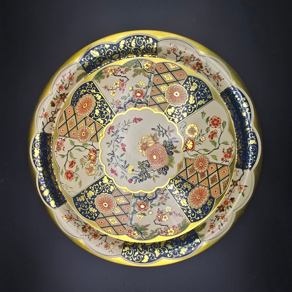 Daher Decorated Ware Tin Tray Round Floral Chinoiserie Made in Holland 10 Inch